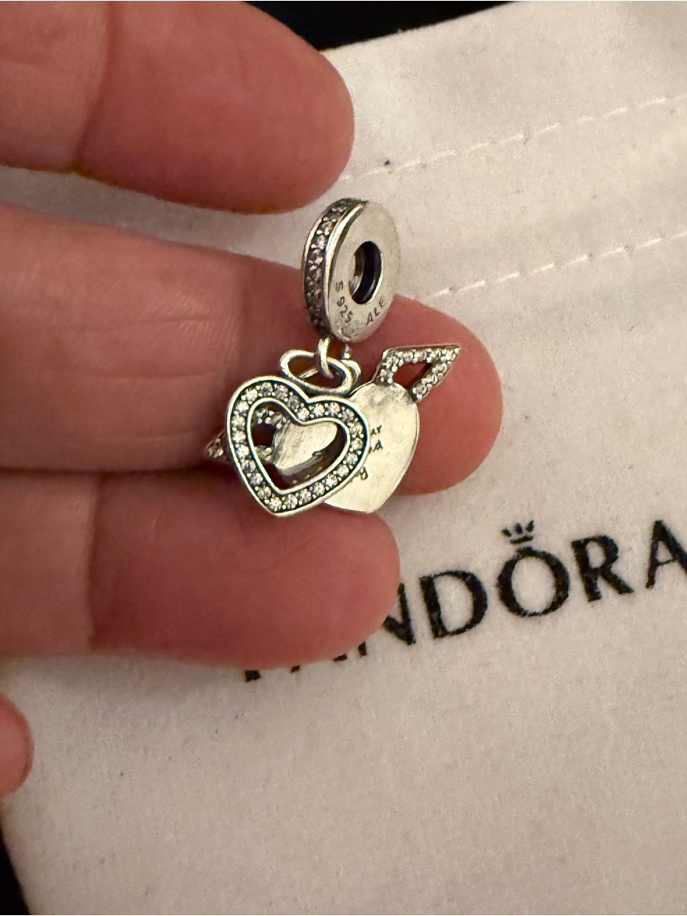 Pandora Silver Double Heart Dangle Charm with Cubic Zirconia - Silver